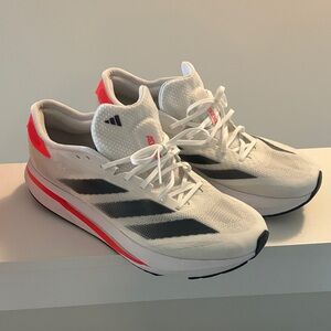 adidas White Running Sneakers with Black Stripes and Neon Coral Accents